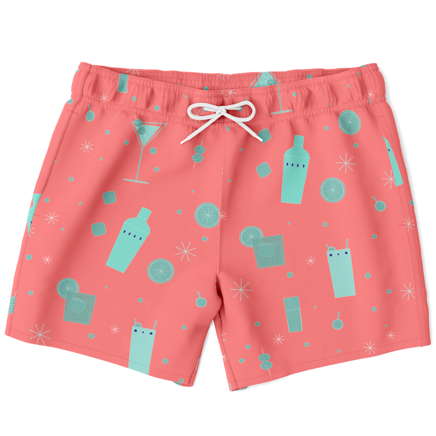 Cocktail Hour Swim Trunks - Aqua on Salmon