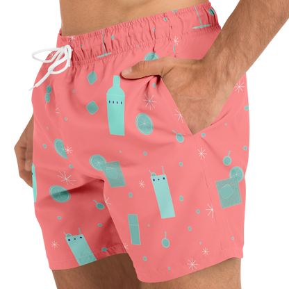 Cocktail Hour Swim Trunks - Aqua on Salmon