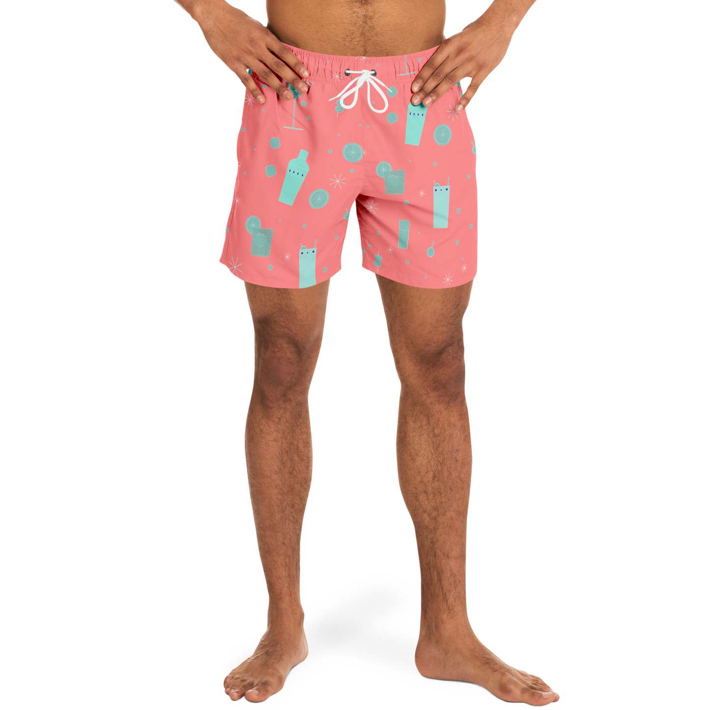 Cocktail Hour Swim Trunks - Aqua on Salmon