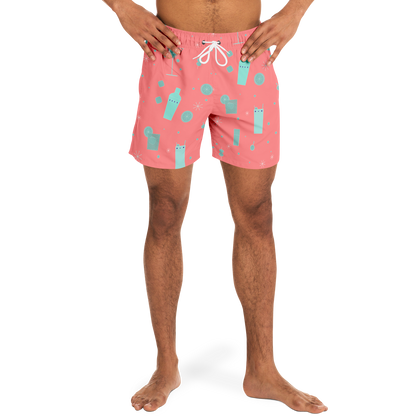 Cocktail Hour Swim Trunks - Aqua on Salmon